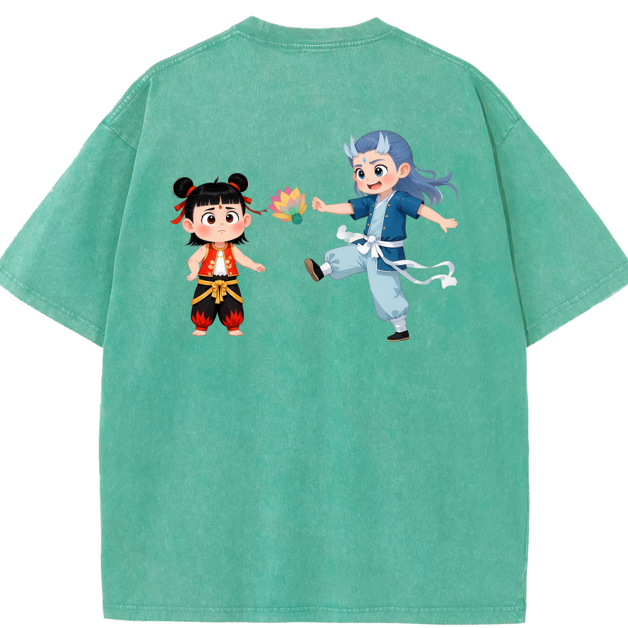 （画像用） Ne Zha 2 ナタ 魔童の大暴れ 綿100% ヴィンテージ風 半袖Tシャツ（背面プリント）